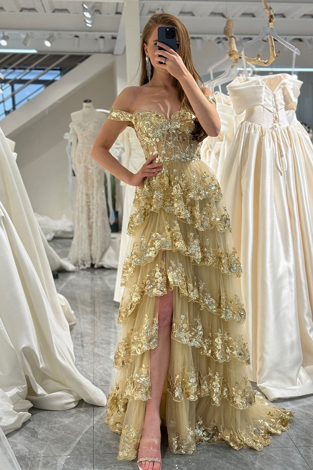 Glitter Golden A-Line Tiered Long Prom Dress with Lace