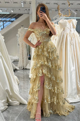 Glitter Golden A-Line Tiered Long Prom Dress with Lace