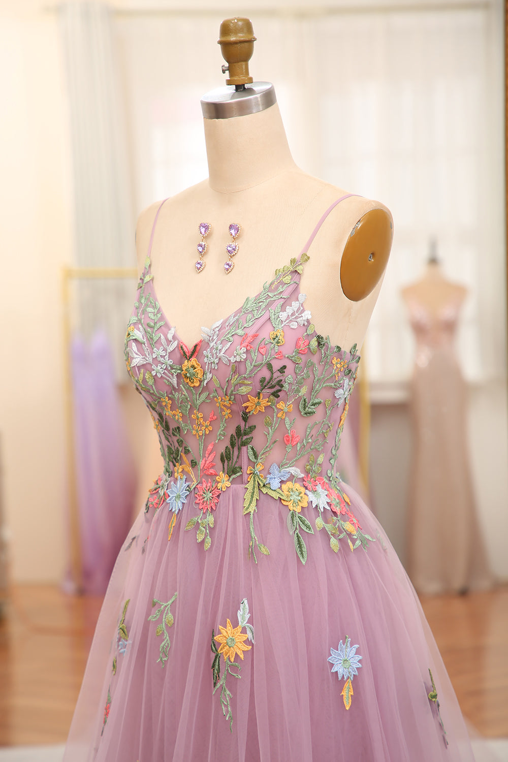 Mauve A Line Tulle Beaded Appliques Long Prom Dress With Front Slit