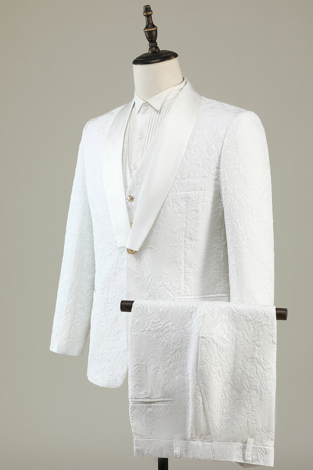 Classy White Jacquard Shawl Lapel 3-Piece Prom Suit