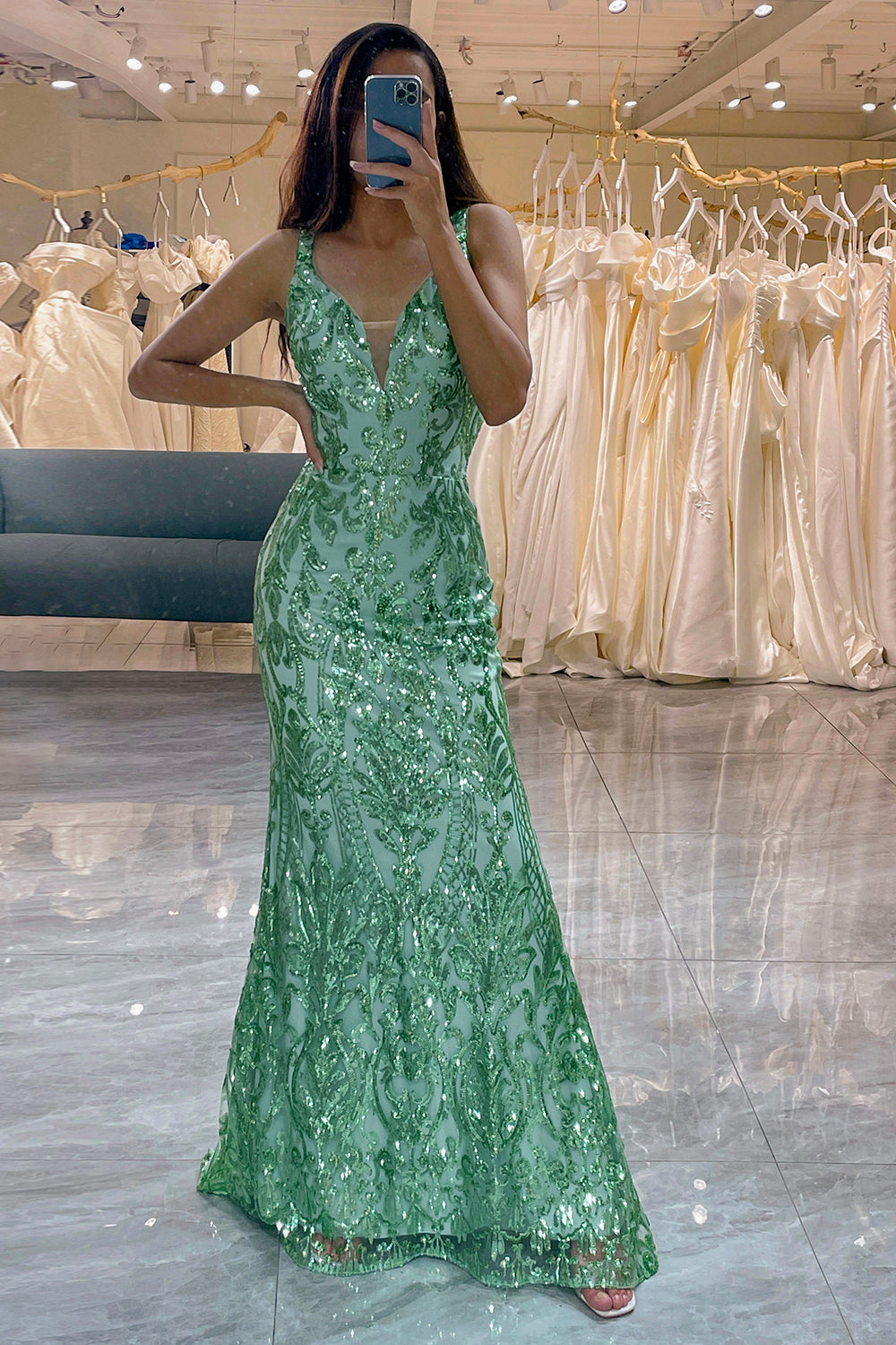 Glitter Green Mermaid Long Appliqued Prom Dress