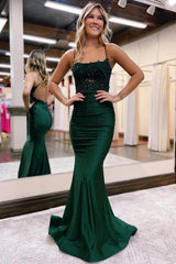 Dark Green Mermaid Prom Dress Beaded Appliques Evening Dress