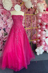 Fuchsia A Line Strapless Long Prom Dress With Embroidery