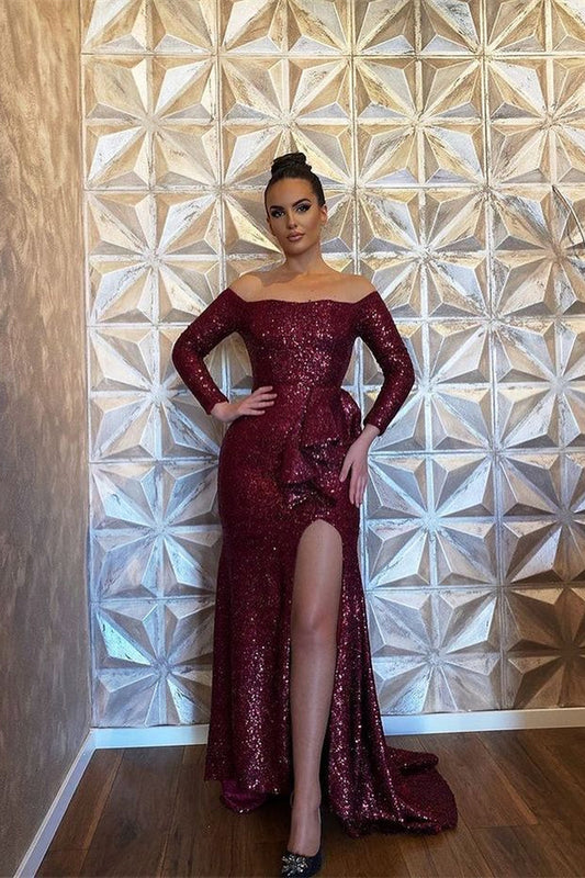 Burgundy Long Sleeve Sequin Mermaid Evening Dress with Split