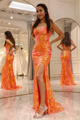 Sparkly Orange Mermaid Long Corset Prom Dress With Slit