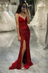 Glitter Red Mermaid Long Mirror Prom Dress With Slit