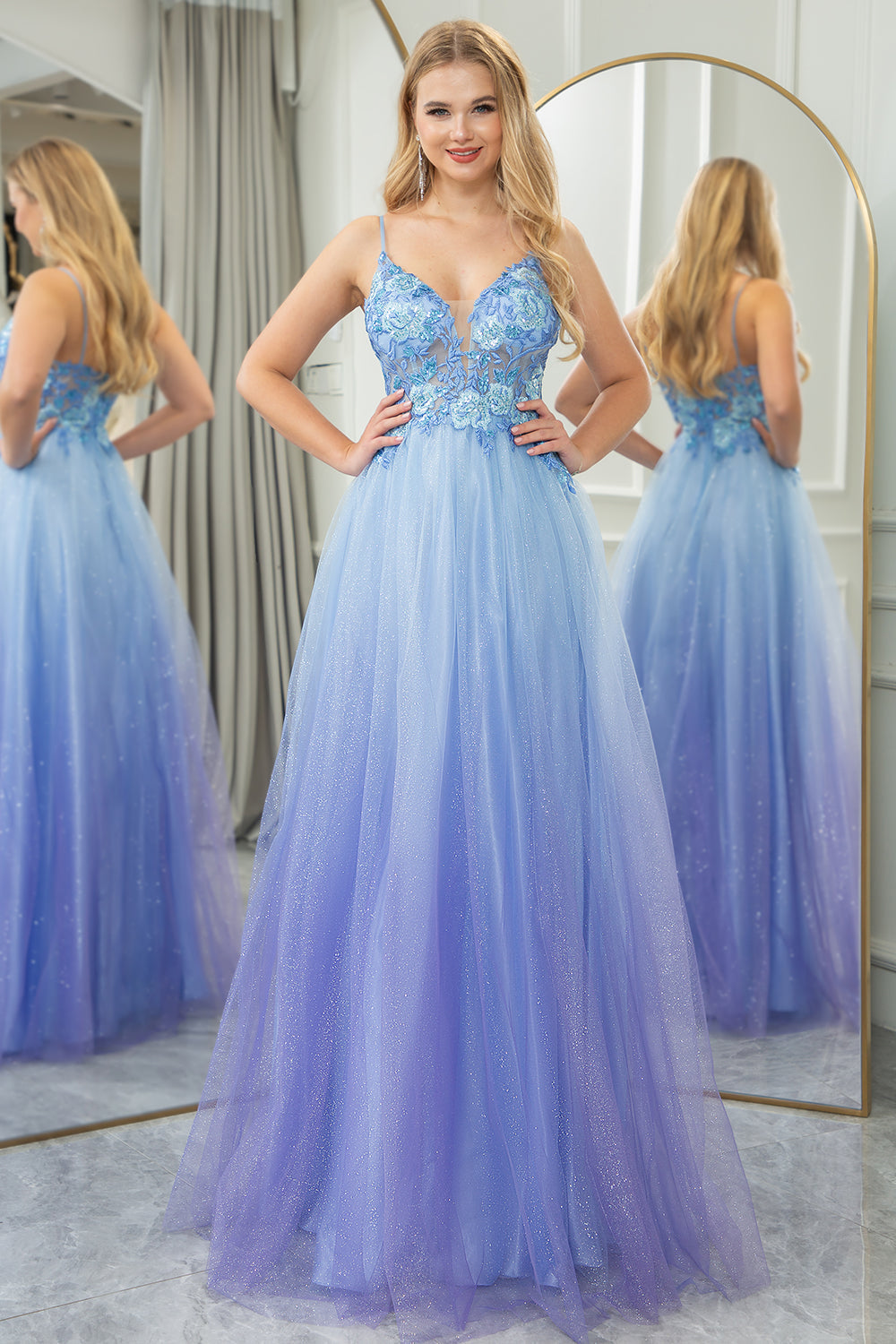 Glitter A Line Tulle Long Prom Dress With Appliques