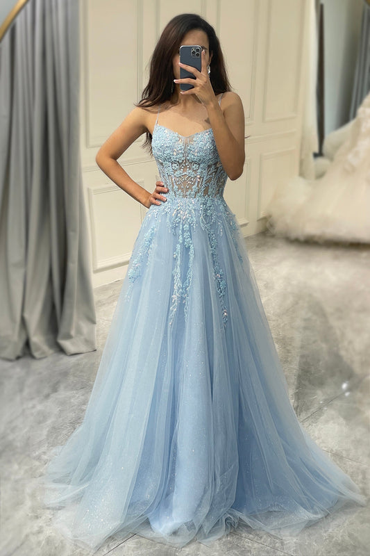 Light Blue A Line Tulle Long Corset Appliqued Prom Dress