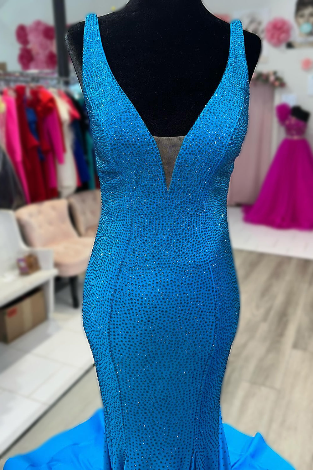 Mermaid Deep V Neck Royal Blue Long Prom Dress with Beading