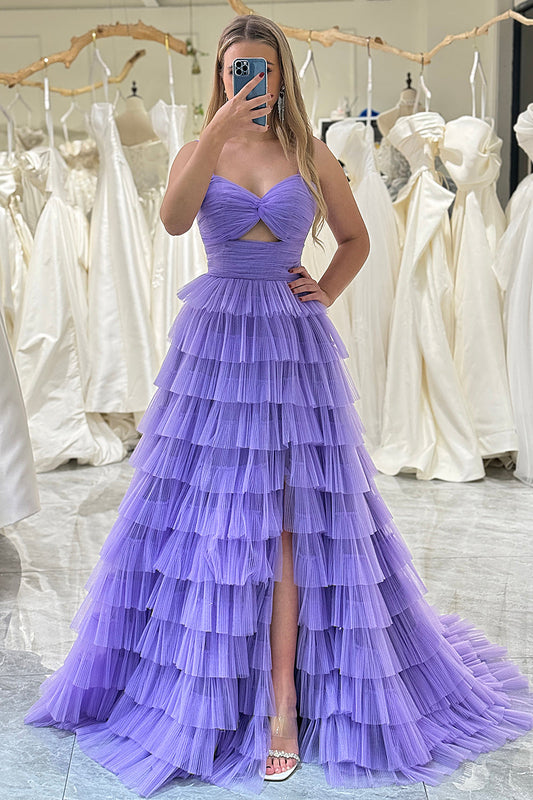 Purple Tulle A Line Long Tiered Prom Dress With Front Slit