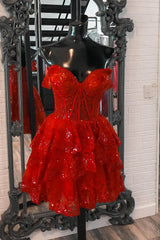 Red Tiered Graduation Dress Corset Sleeveless Short Cocktail Dress