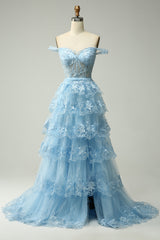 Blue Prom Dress Off The Shoulder Tiered Lace Evening Dress