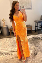 Sparkly Orange Sequins Long Prom Dress with Slit