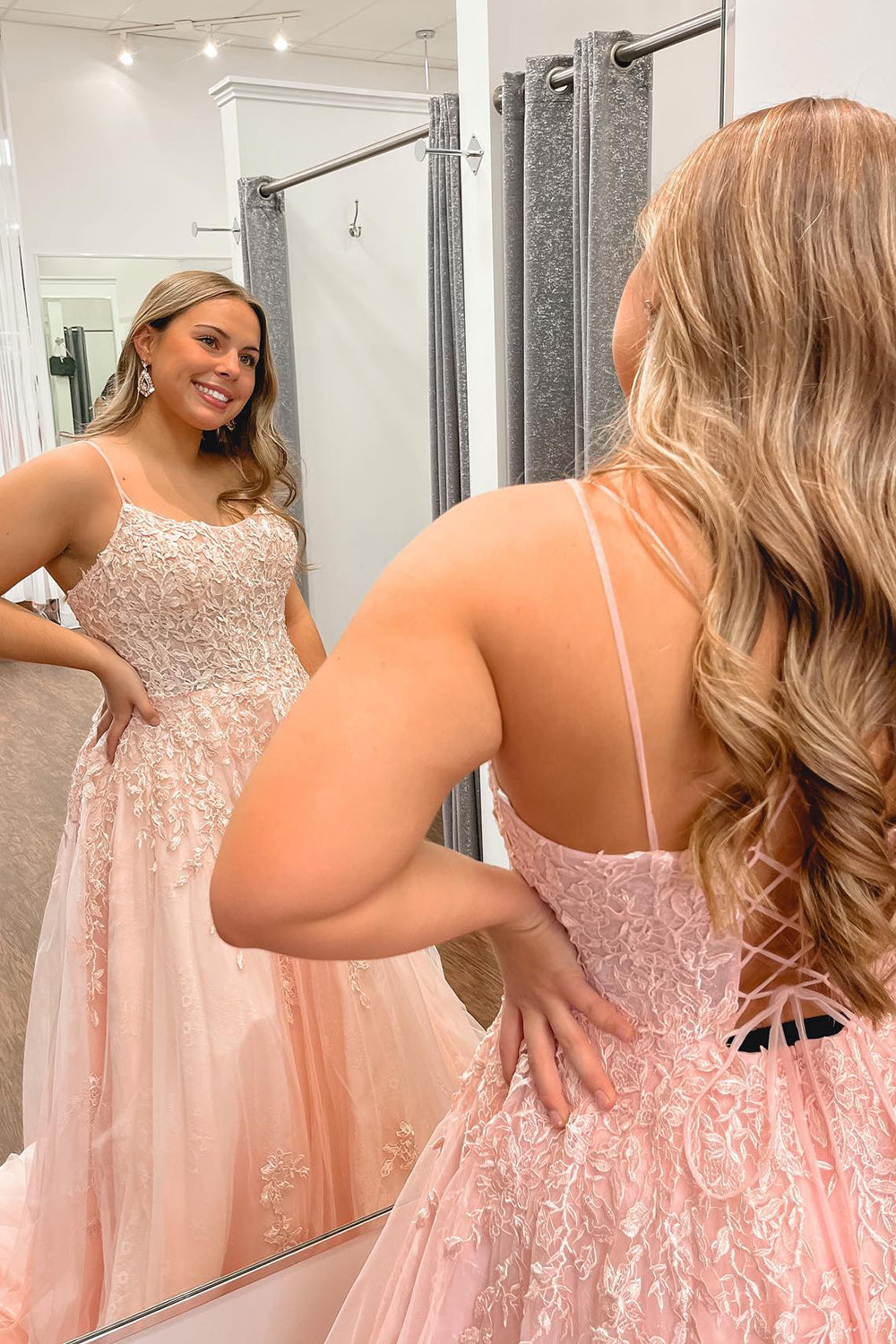 Plus Size Spaghetti Straps Light Pink Long Prom Dress with Appliques