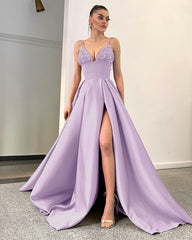 Lavender Spaghetti-Straps Sequins A-Line Evening Dress with Split