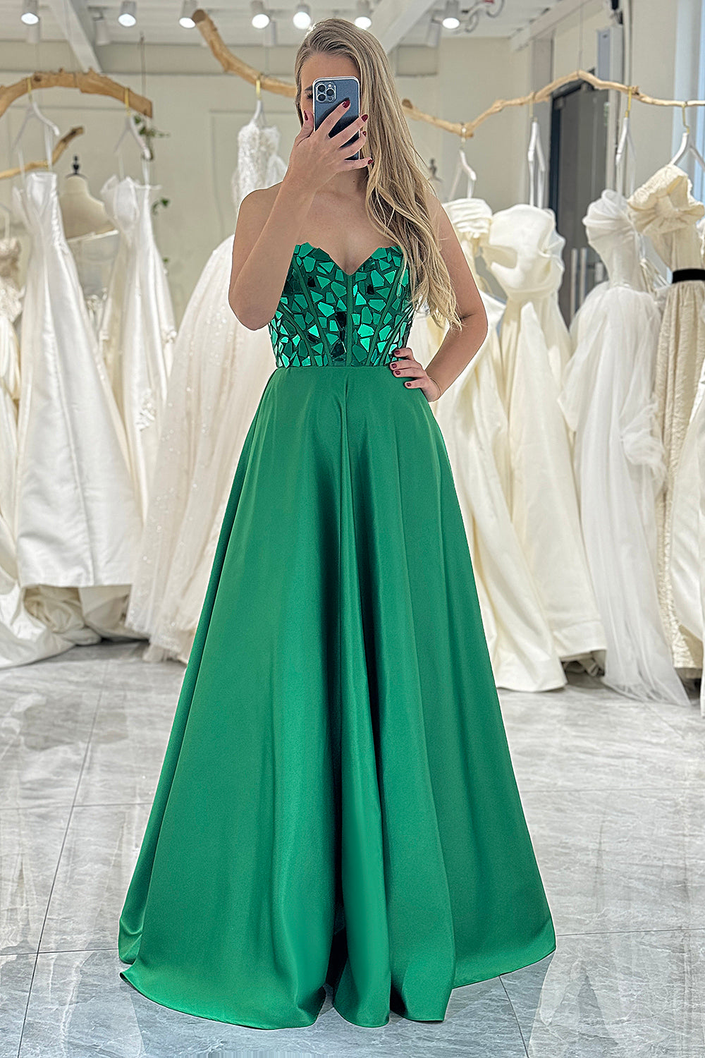 Sparkly Dark Green A Line Sweetheart Long Mirror Prom Dress