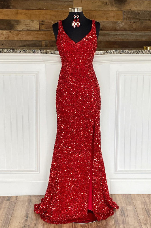 Sheath Spaghetti Straps Red Sequins Prom Dress with Split Front