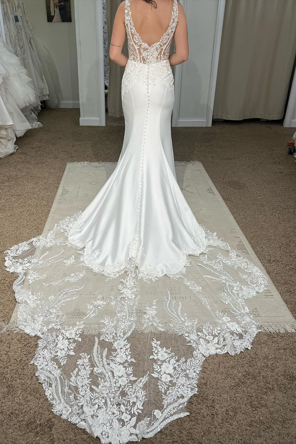 Elegant White Deep V-Neck Mermaid Wedding Dress with Lace Accents