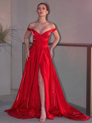 Red Off-the-Shoulder Long Evening Dress with Split