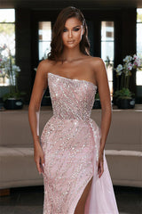 Modern Pink Strapless Mermaid Evening Dress with Ruffles and Beadings