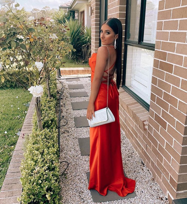 Red Spaghetti-Straps Evening Dress with Slit