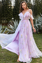 Purple Embroidery Long Prom Dress with Ruffles