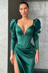 Dark Green Bubble Sleeves High Split Mermaid Prom Dress