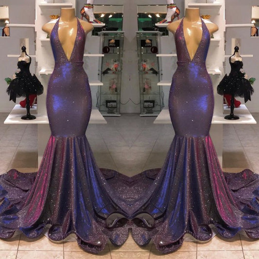 V-Neck Halter Mermaid Evening Dress with Sequins