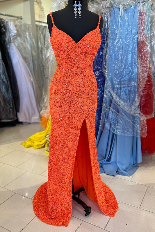 Orange Sparkly Mermaid V Neck Sequins Long Prom Dress