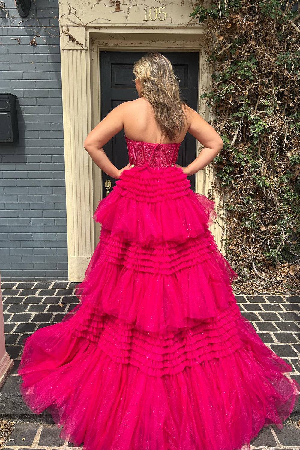 Sparkly Fuchsia Tulle Tiered Corset Long Prom Dress with Lace