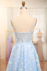 Sky Blue A Line Tulle Long Corset Prom Dress With Appliques