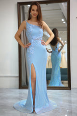 Glitter Light Blue Mermaid Backless Long Prom Dress With Slit