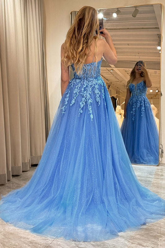 Blue A Line Tulle Long Prom Dress With Appliques