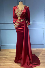 Burgundy Long Sleeve Mermaid Evening Dress with Bead Appliques and Ruffles