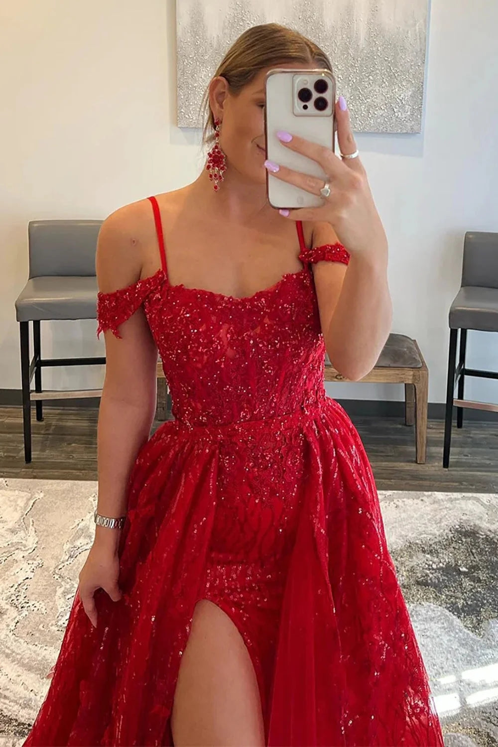 Red Sparkly Detachable Train Sequins Long Prom Dress with Slit