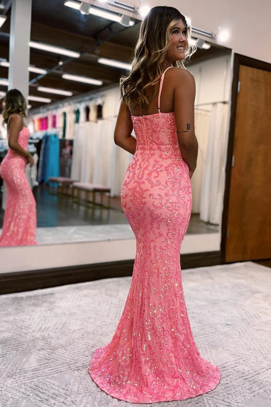 Blush Spaghetti Straps Sequins Mermaid Prom Dress