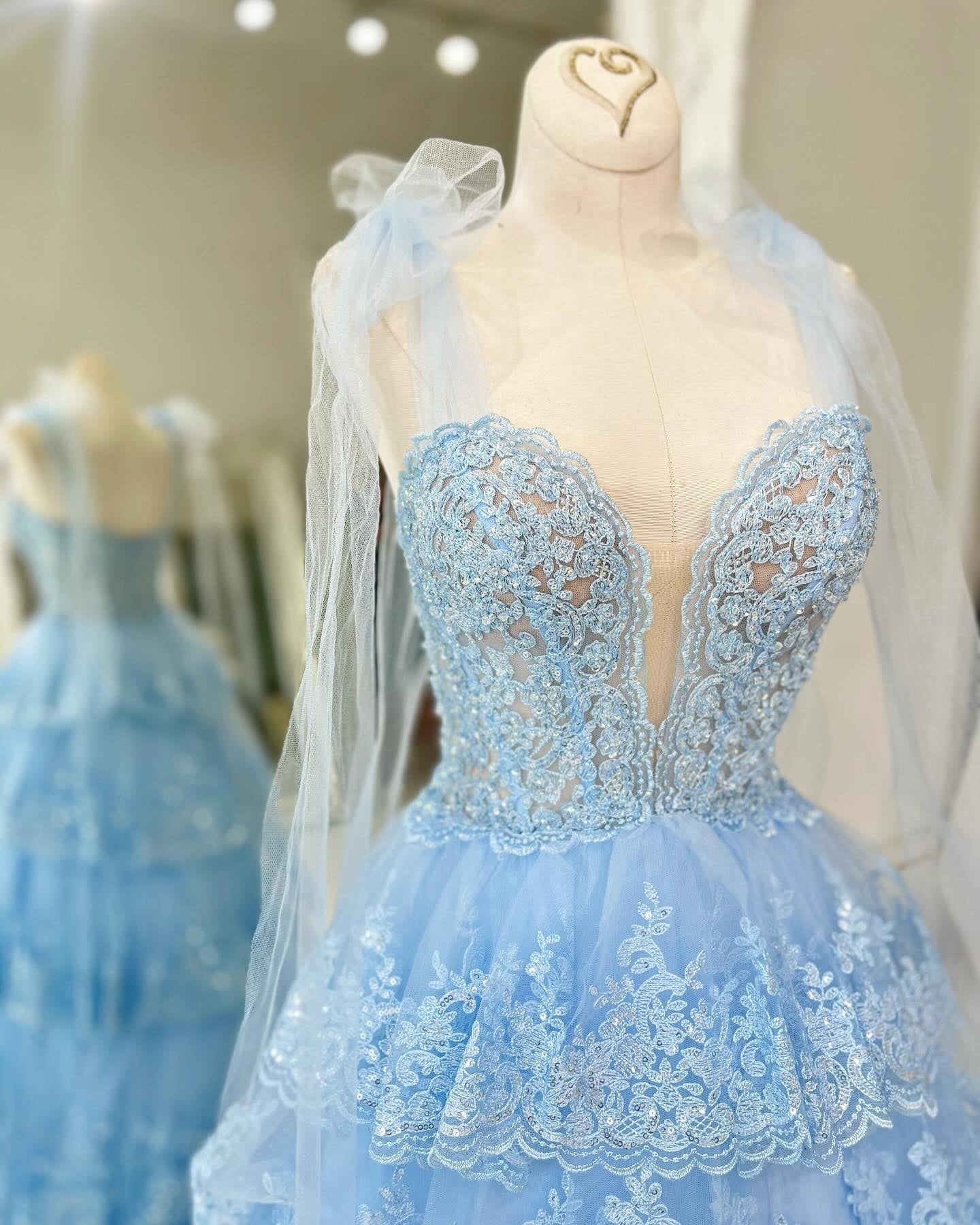 Sparkly Blue Tiered Lace A-Line Corset Long Prom Dress