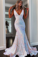 Orange Sparkly Deep V Neck Sequin Mermaid Prom Dress