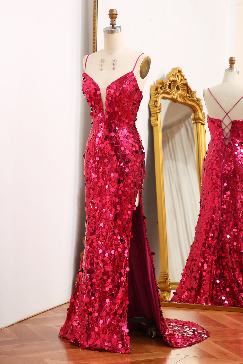 Sparkly Fuchsia Sequins Mermaid Long Prom Dress With Slit