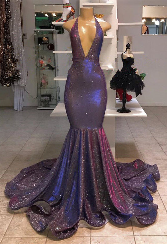 V-Neck Halter Mermaid Evening Dress with Sequins