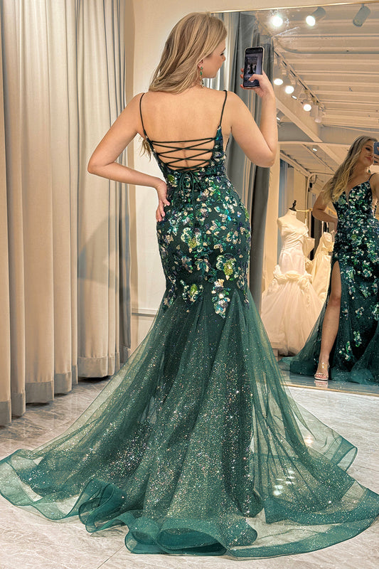 Sparkly Dark Green Mermaid Long Appliqued Prom Dress With Slit