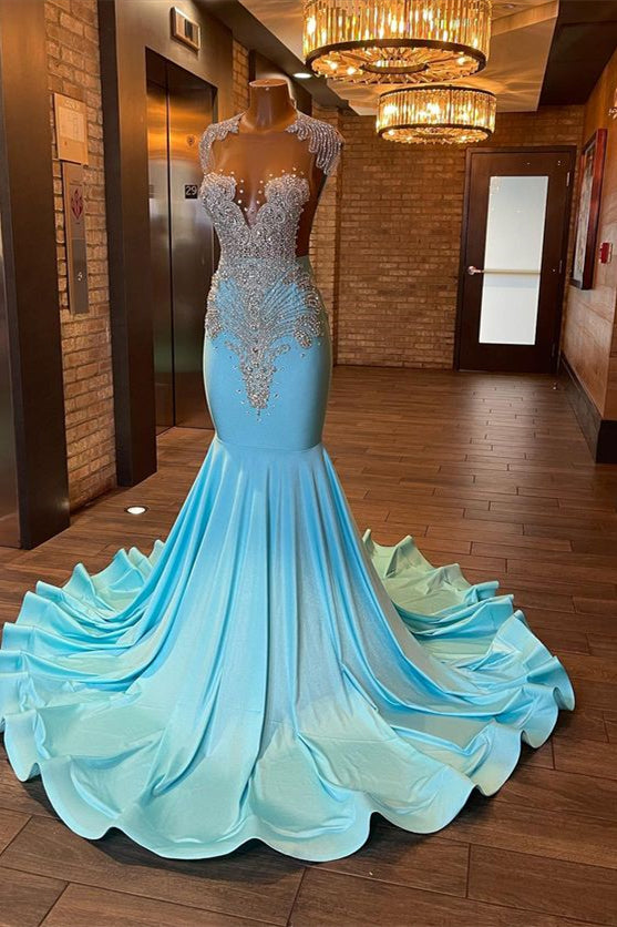 Blue Sleeveless Mermaid Evening Dress with Appliques and Rhinestones