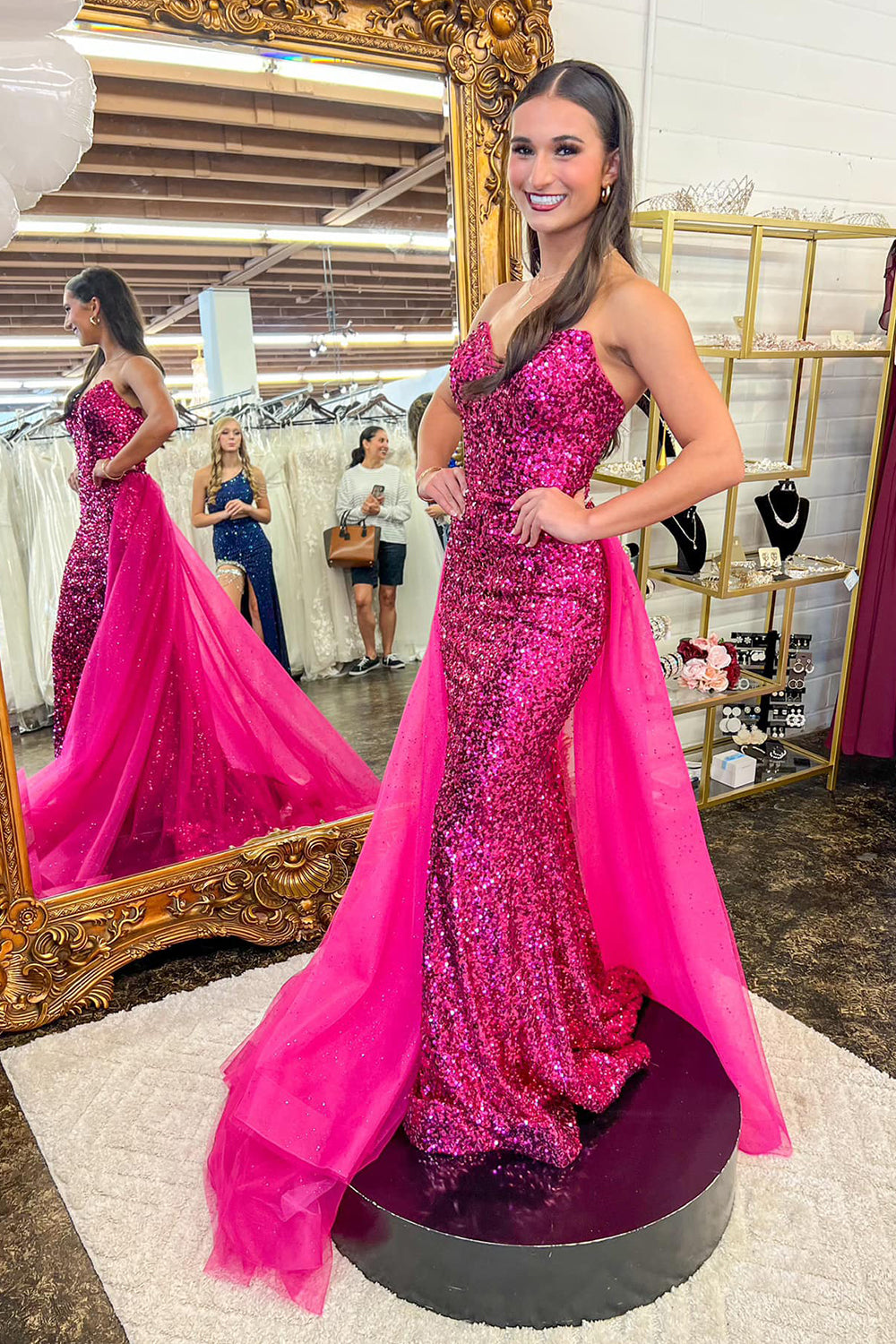 Sparkly Hot Pink Detachable Train Sequins Long Prom Dress