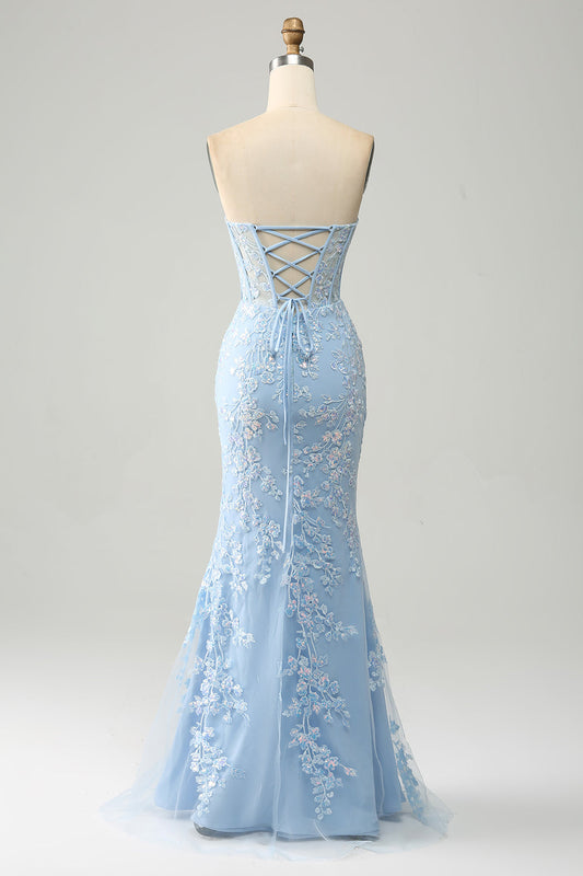 Light Blue Mermaid Sweetheart Long Corset Appliqued Prom Dress With Slit