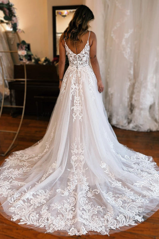 Unique Ivory Detachable Sleeve High Slit A-Line Wedding Dress with Appliques