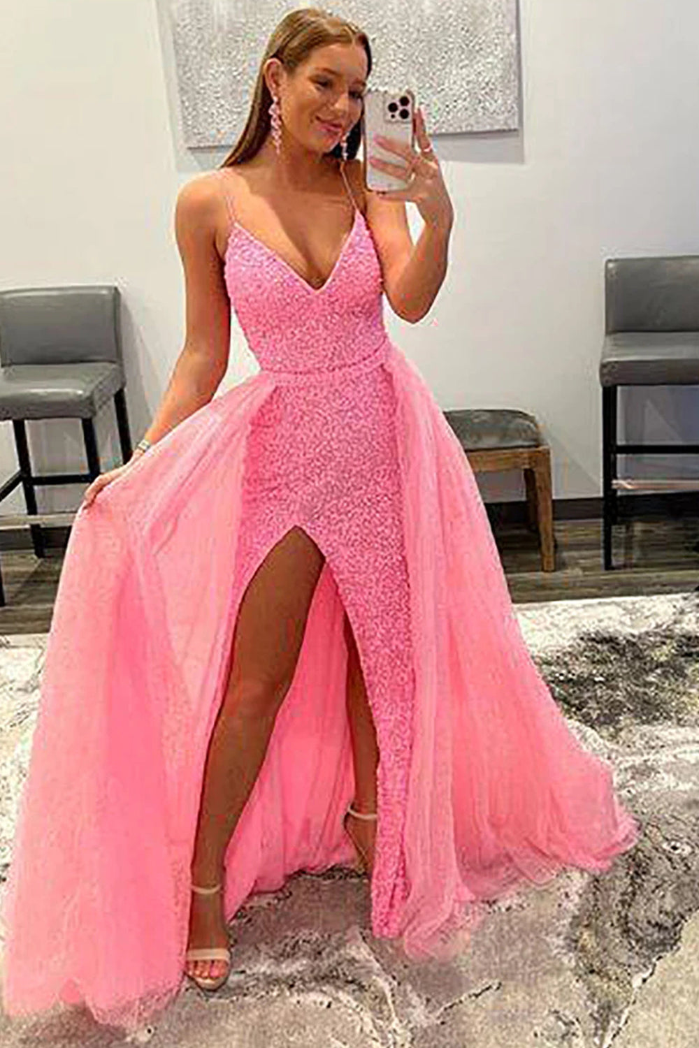 Sparkly Pink Detachable Train Sequins Prom Dress with Slit