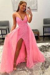 Sparkly Pink Detachable Train Sequins Prom Dress with Slit