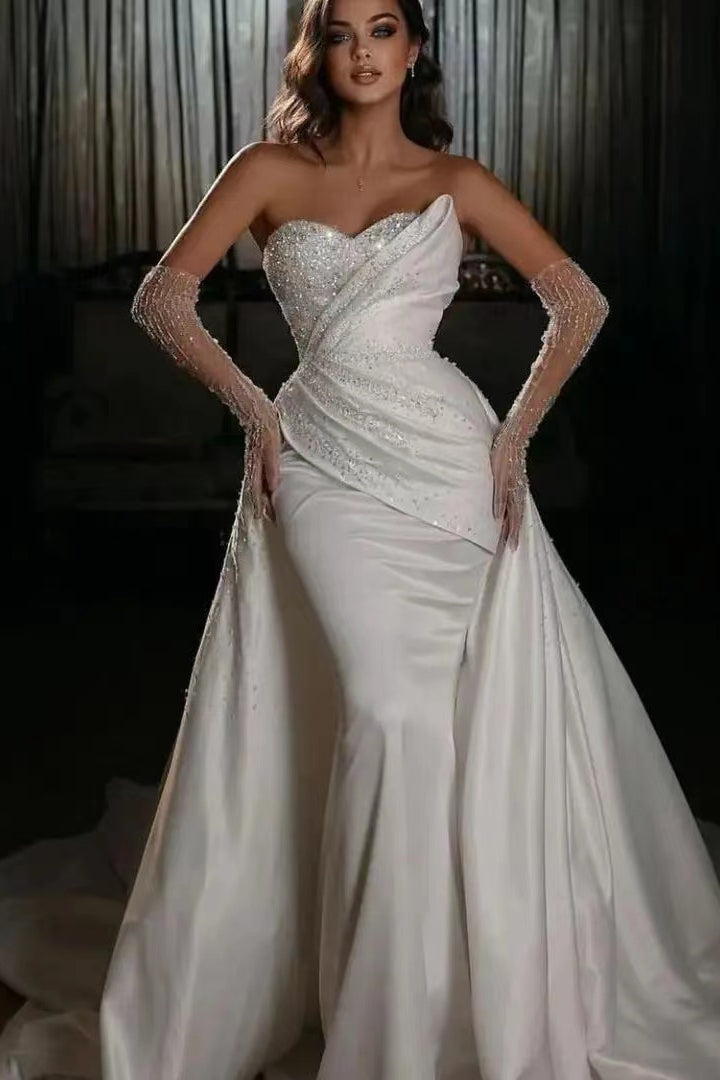 White Long Sleeve Sweetheart Beaded Mermaid Wedding Dress with Detachable Skirt