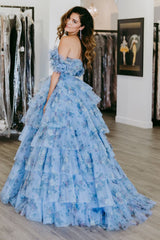 Blue Floral Tiered A-Line Long Prom Dress with Ruffles