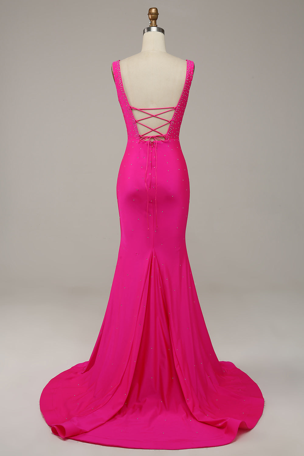 Mermaid V Neck Hot Pink Long Prom Dress with Beading